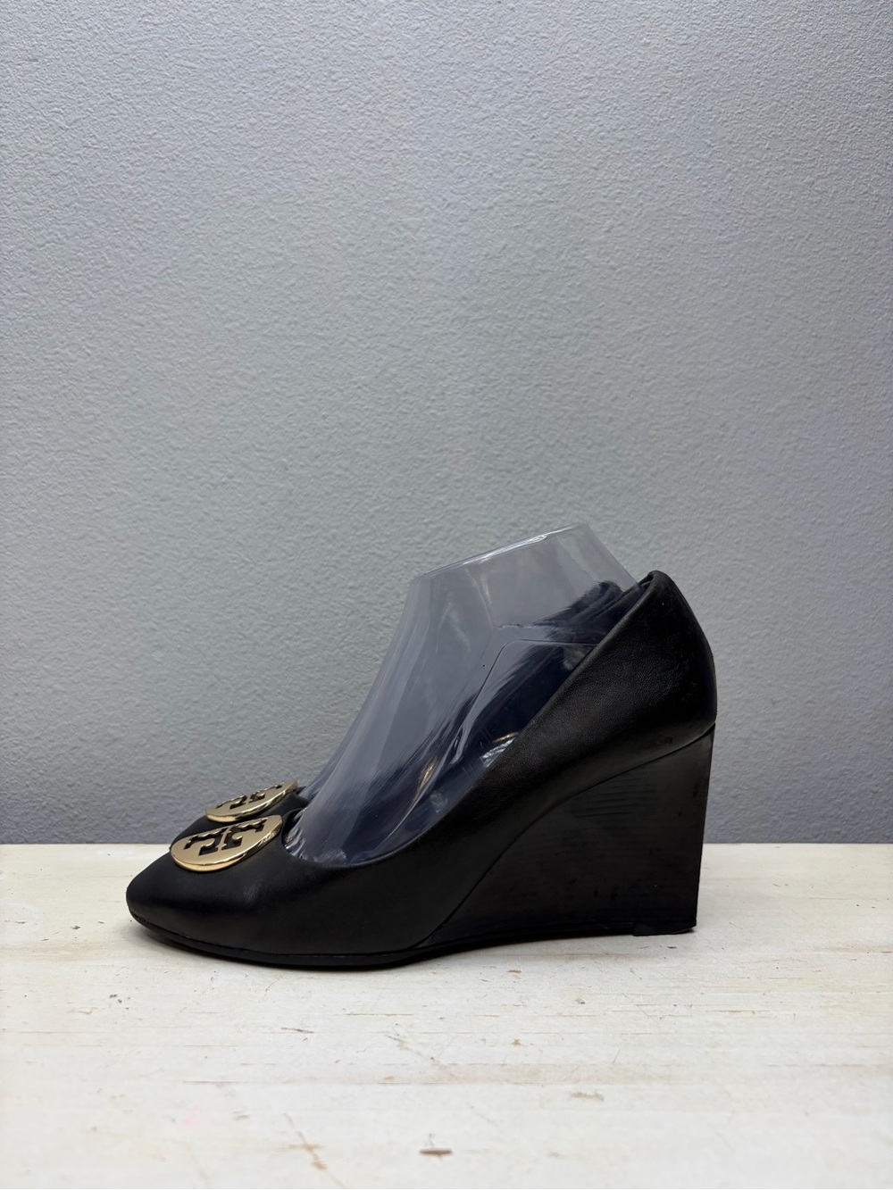 Tory Burch Black Leather Sally Wedge Sandals Size 7.5